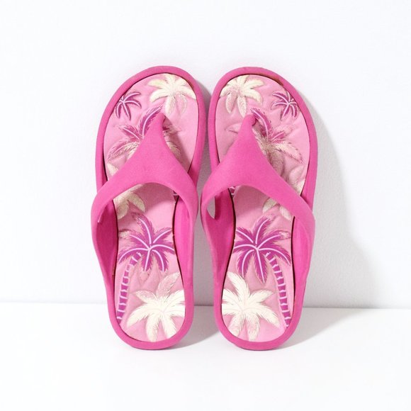 Pink Tropical Palm Tree Cushioned Flip Flops - Picture 1 of 9